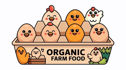 Obraz premium Chicken Eggs in tray. Eggs with happy faces in box. Cute characters. Cartoon flat style. Breakfast, organic farm food concept. Poultryproduction. Hand drawn Vector illustration. Isolated elements