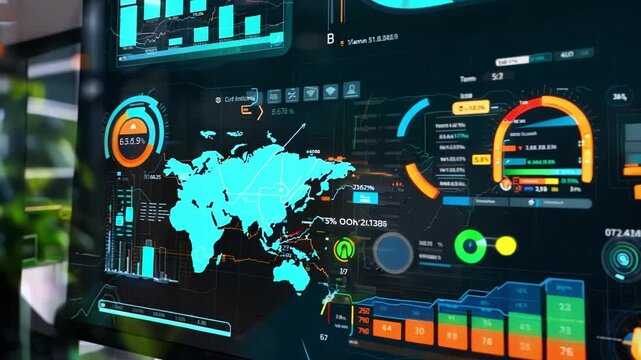 Digital dashboard with glowing, colorful charts and graphs is showing key performance indicators, providing valuable insights for data driven decision making