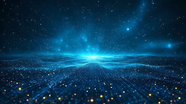 A stunning digital rendering of a starry night sky with glowing blue particles and a cosmic landscape, ideal for futuristic and sci-fi themes.