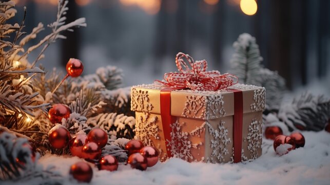 Decorated christmas trees with red garlands into a forest on a snowy sunrise close to xmas gifts in red boxes
