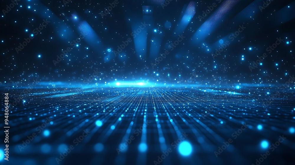 Poster abstract blue digital landscape with glowing dots and lines, representing futuristic technology and 