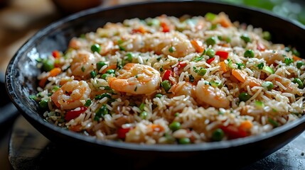Close up of a Wok Filled with Savory Fried Rice Vibrant Vegetables and Tender Shrimp   A Classic Chinese Dish