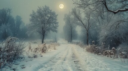 Full moon over snowy winter forest path with bare trees and falling snowflakes