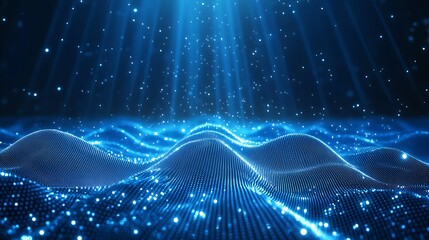 Abstract blue wave with glowing particles, futuristic digital landscape, technology and data concept, 3D rendering background.