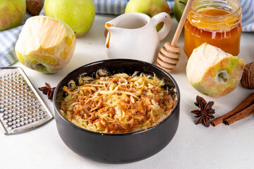 Apple pie shaved fruit ice, viral trendy snack with frozen apple shaving, cinnamon and caramel sauce