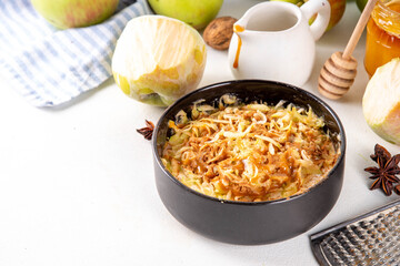 Apple pie shaved fruit ice, viral trendy snack with frozen apple shaving, cinnamon and caramel sauce