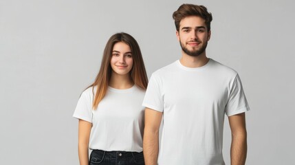 Two young adults in casual clothing standing side by side against a neutral backdrop