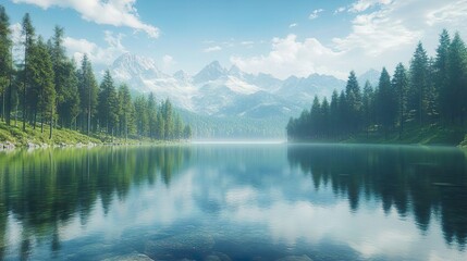 Peaceful Mountain Lake with Pristine Waters and Surrounding Pine Trees Creating a Calm Natural Scene