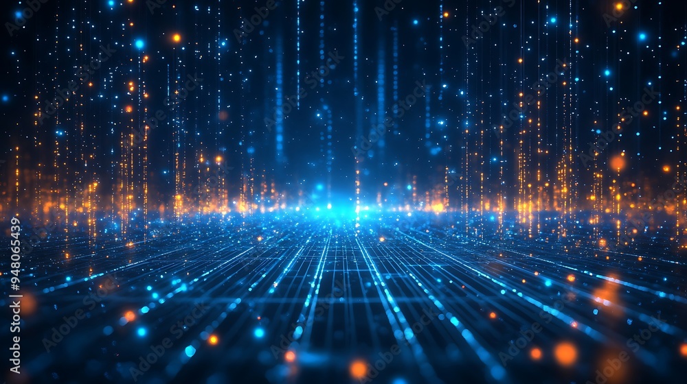 Poster abstract digital background with glowing lines and particles, representing data flow, futuristic tec