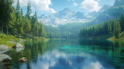 Serene Mountain Lake Featuring Crystal Clear Waters and Encircled by Majestic Pine Forest for Peaceful Setting