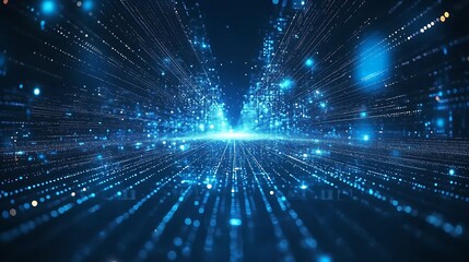 Obraz premium Abstract digital blue and black technology network background with glowing particles and data points, depicting a futuristic concept.