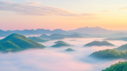 Obraz premium mountains surrounded by clouds and mist, the peaks are beautiful, trees, green as the sea, natural beauty background