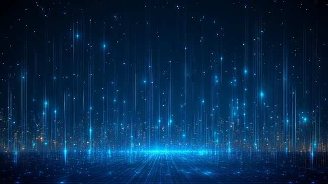 Abstract digital blue lights and particles creating a futuristic sci-fi background, perfect for technology and space themes.