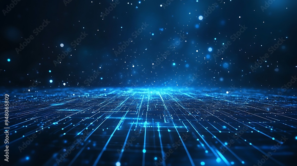 Poster abstract digital data grid with glowing blue lines and lights, representing technology and futuristi