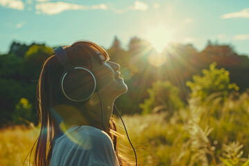 Fototapeta premium Person listening with headphones outdoors with backlight, natural scenery background. Generative AI