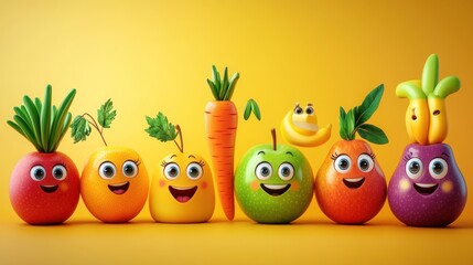 A Group of Smiling Fruits and Vegetables with Cartoon Faces