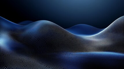 Abstract digital landscape with blue dot pattern representing a futuristic 3D wave and technology concept against a dark background.