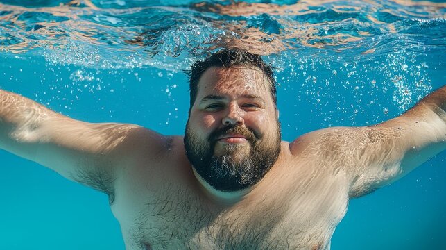 A plus-size man swimming in a pool, enjoying a refreshing swim on a sunny day, feeling carefree and happy, copy space