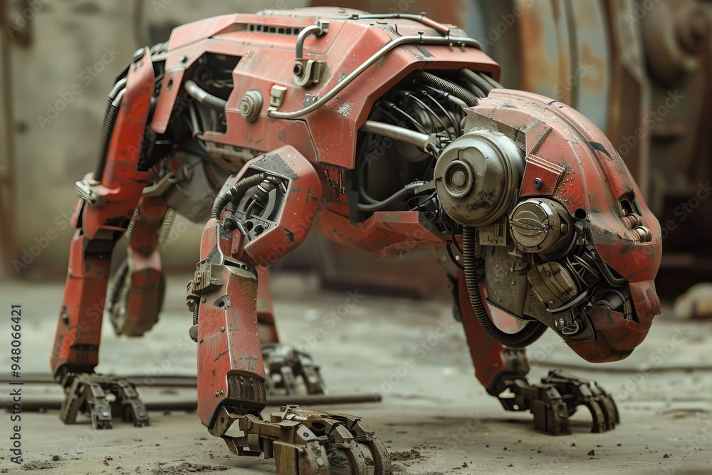 Poster powerful red robot dog is prowling in an abandoned factory, showcasing its advanced mechanics and in