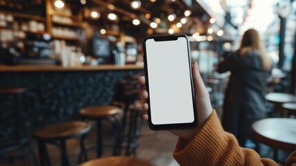 A person holding a smartphone in a cozy caf&eacute; setting during the daytime