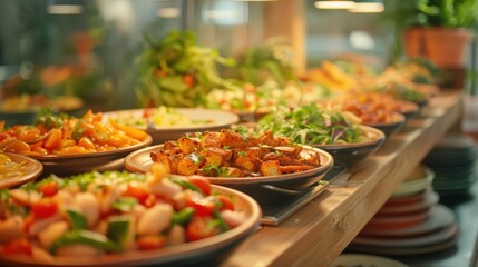 Colorful buffet spread with fresh vegetables and potato dishes in vibrant setting