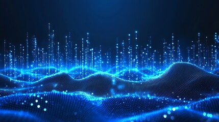 Abstract digital landscape with glowing blue particles and waves, representing data and technology connections on a dark background.