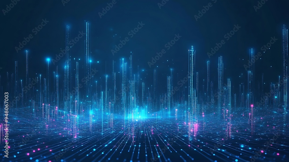 Poster abstract digital landscape with glowing data points in a futuristic, blue-toned virtual space. perfe