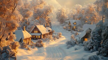 Cozy Homes and Frosted Trees in a Peaceful Snow Covered Village for a Serene Winter Scene