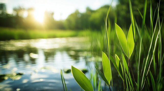 A thriving wetland ecosystem, with reeds, waterfowl, and amphibians coexisting in a protected area
