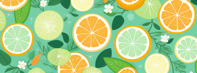 Citrus Fruit Slices And Leaves Pattern With Orange Lemon And Green Lime