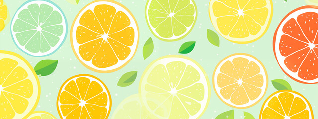 Obraz premium Vibrant Citrus Slices On Light Mint Background With Leaves And Sparkles