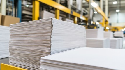 Stacks of freshly printed newspapers being bundled and prepared for delivery at a printing facility