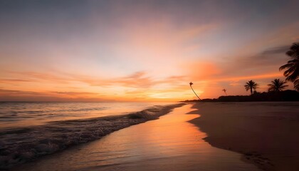 A Serene Sunset on the Shoreline, Where the Waves Kiss the Sand Under a Warm Sky