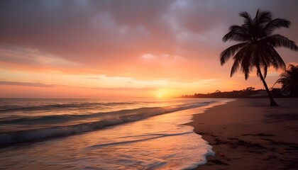 Obraz premium A Serene Sunset on the Shoreline, Where the Waves Kiss the Sand Under a Warm Sky