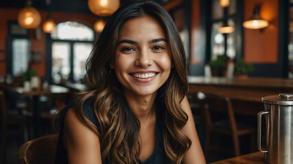adult hispanic girl cafe restaurant background portrait shot