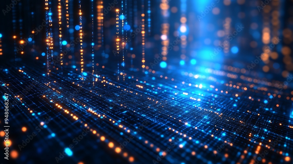 Poster abstract digital technology background with glowing blue and orange lights, representing data flow a