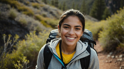 Naklejka premium adult hispanic girl hiking trail background portrait shot