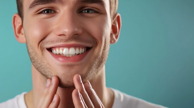 Portrait of a Young Man with a Genuine Smile and a Light Blue Background, Displaying Positivity and Confidence.