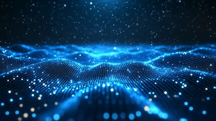 Abstract digital wave of glowing particles, blue technology background, futuristic data concept, artificial intelligence visualization.