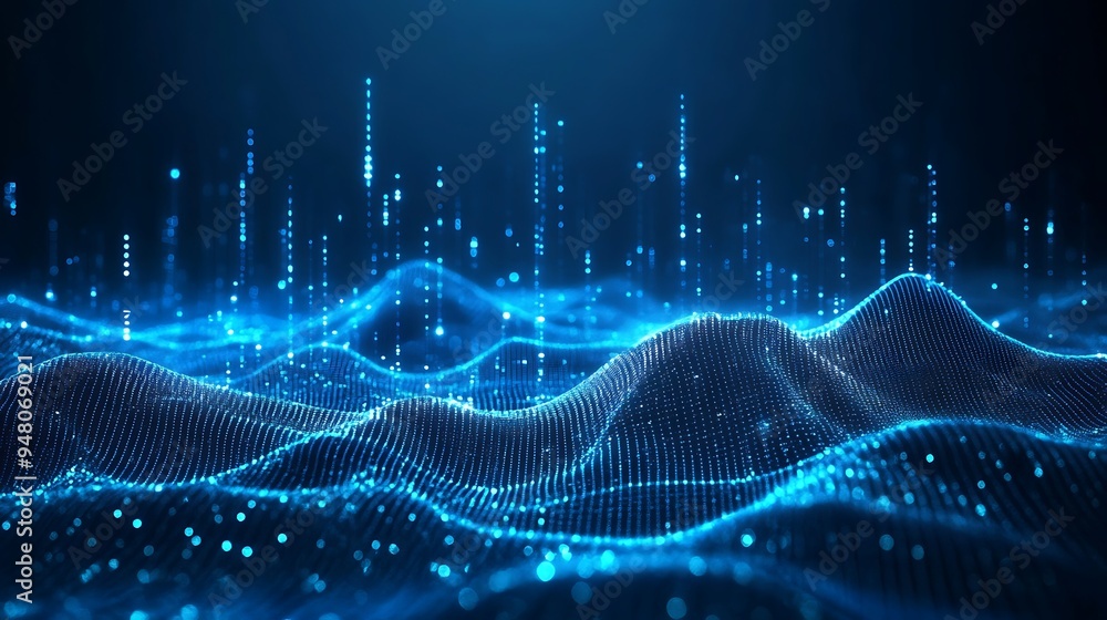 Poster abstract digital wave with glowing particles in a futuristic technology background. illustrates data