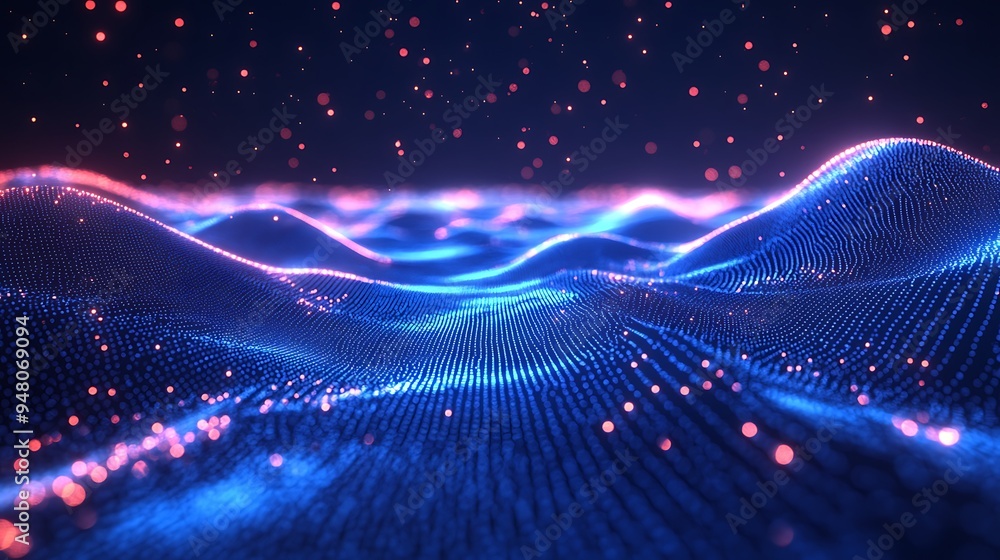 Poster abstract digital wave with glowing particles on a dark background, representing futuristic technolog