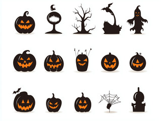 Icônes effrayant d'halloween sur fond blanc, citrouilles, chauves-souris, fantômes, araignées, maison hantée, logo terrifiants