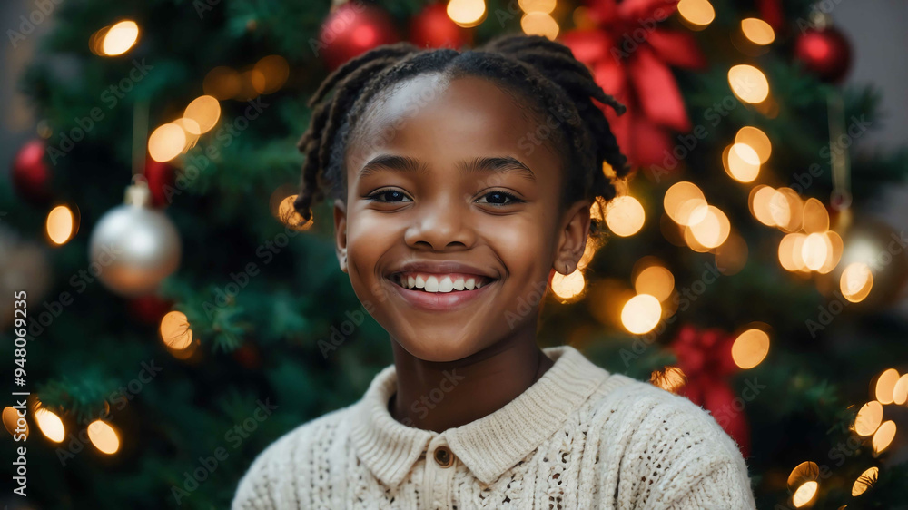 Poster charming teen african girl christmas tree background portrait shot