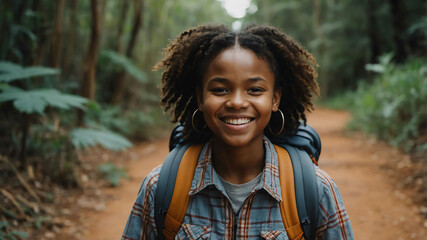 charming teen african girl hiking trail background portrait shot