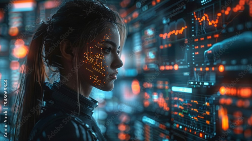 Aufkleber an ai analyzing cryptocurrency trends, glowing digital graphs floating around, ai in humanoid form w