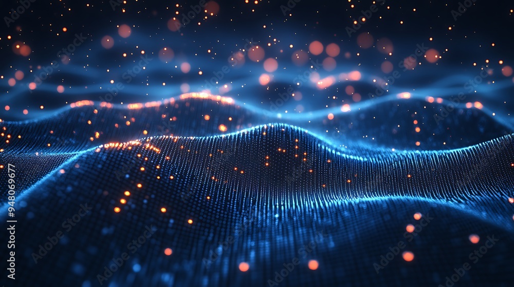 Poster abstract futuristic digital landscape with glowing particles and wave patterns. perfect for technolo