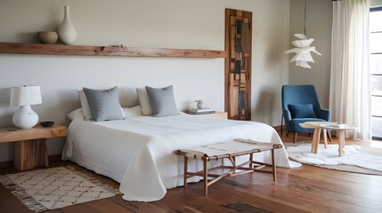 A modern farmhouse interior design of a bedroom with a hardwood floor, a king-size bed with a white cover and two gray pillows, a blue chair in the corner and a wooden shelf.