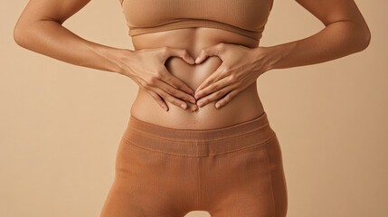 Woman in Brown Clothing Making Heart Shape with Hands Over Stomach, Promoting Healthy Digestion and Wellness