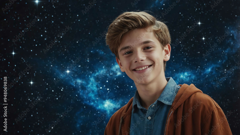 Poster charming teen caucasian boy space cosmos background portrait shot