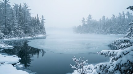 Frozen Lake in Winter Fog